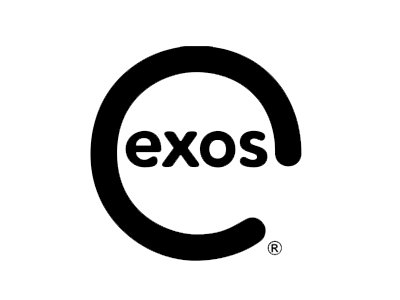 Exos logo: black stylized “e” encircling the word “exos” on a white background