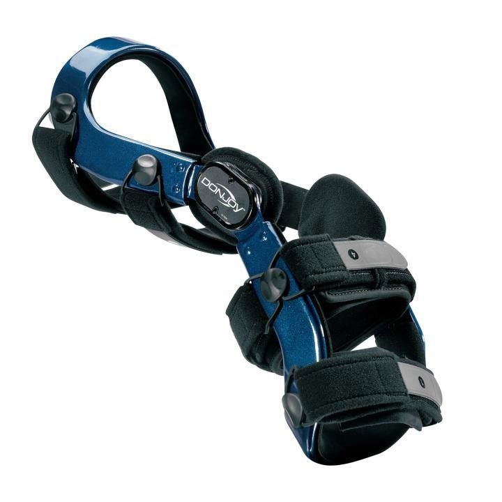 Blue orthopedic wrist and thumb brace with black straps on a white background