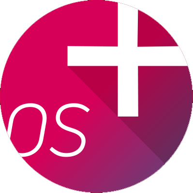 Pink circular app icon with a white plus sign and partial white letters on a magenta background