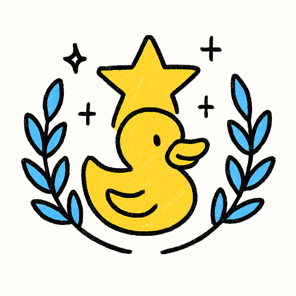 Yellow duck with star, blue leaves, and sparkle elements.