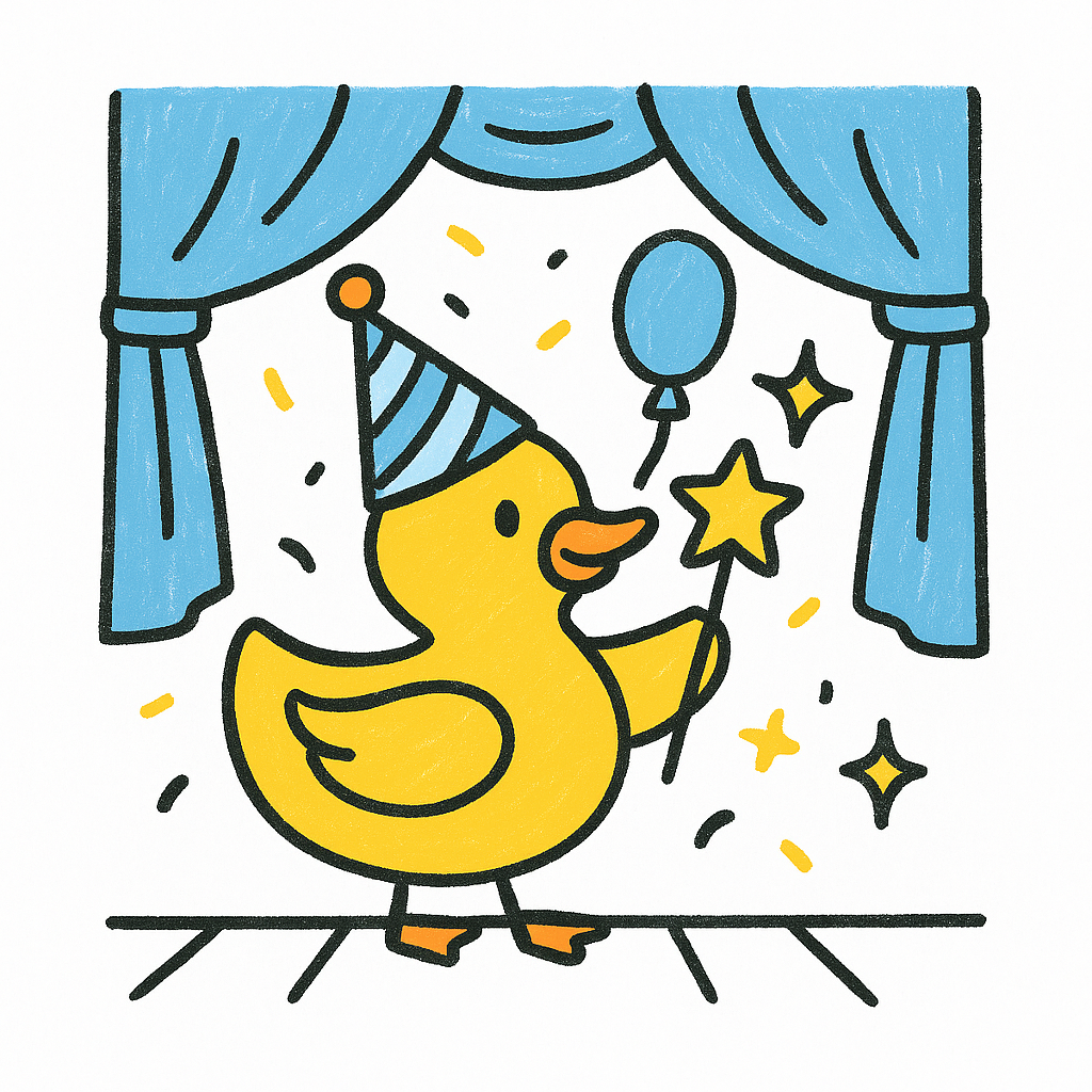 Yellow duck wearing party hat on stage holding balloon and star wand.