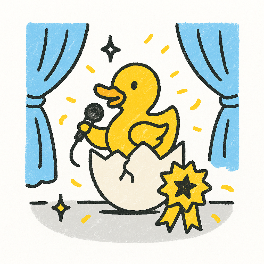 A yellow duckling singing into a microphone from a cracked egg onstage, with curtains and a star award.