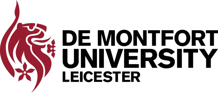 De Montfort University Leicester logo: maroon lion emblem with text