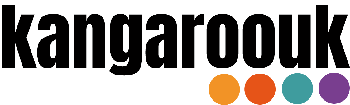 "kangaroouk" logo with black text and four colored circles: orange, red-orange, teal, purple.