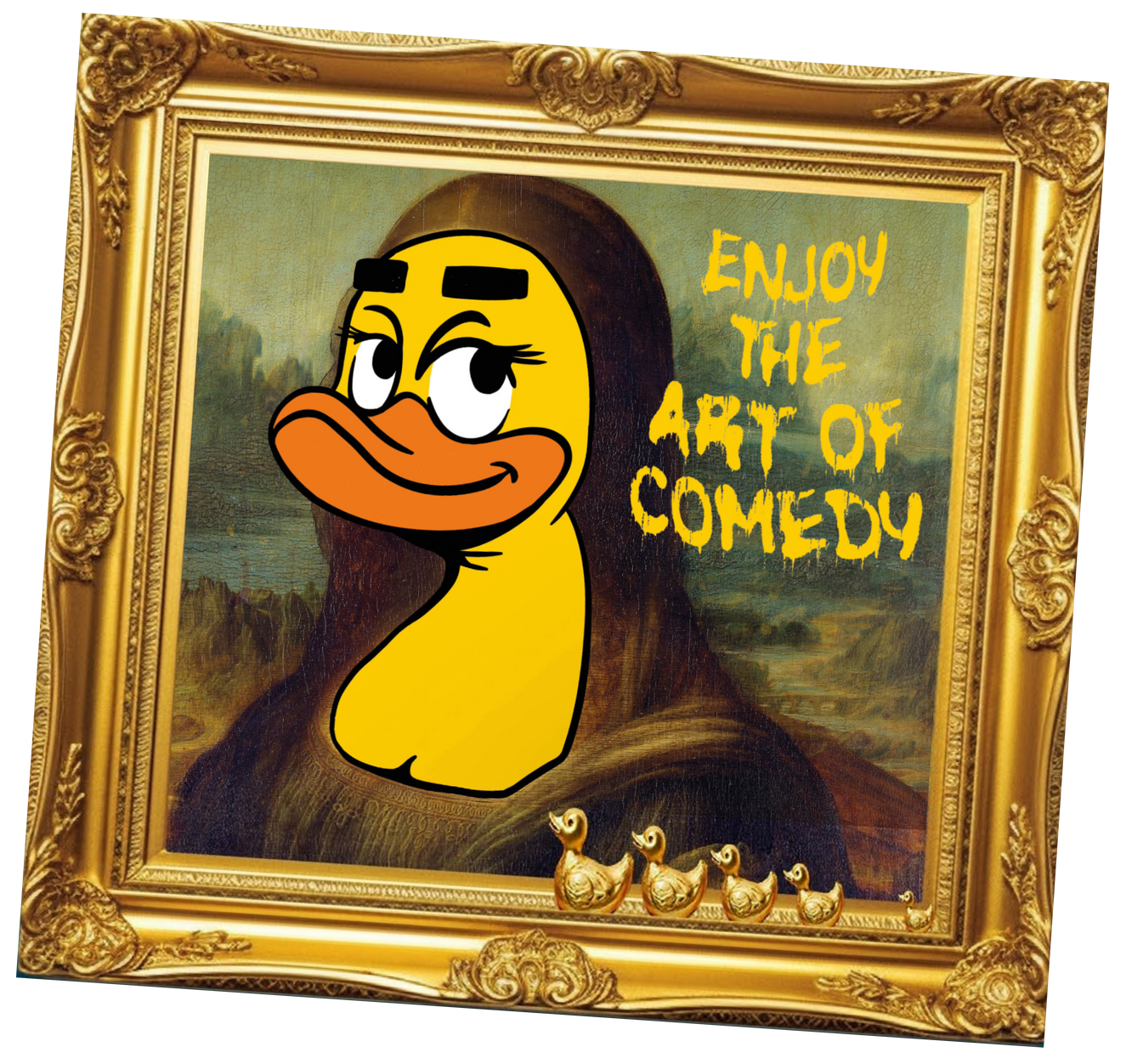 Duck dressed as Mona Lisa, with the text 