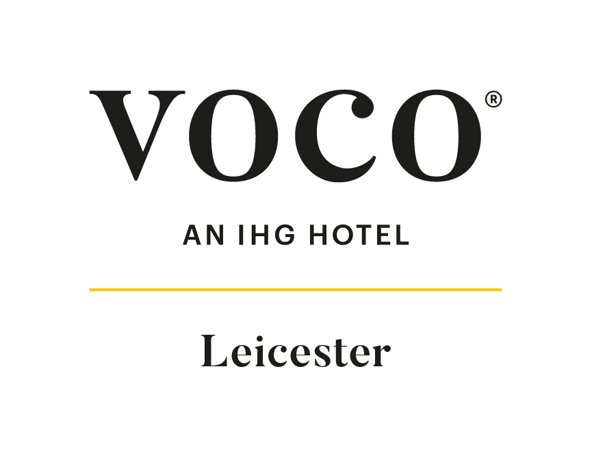 VOCO hotel logo: black text "VOCO" with "AN IHG HOTEL" below and "Leicester" at bottom.