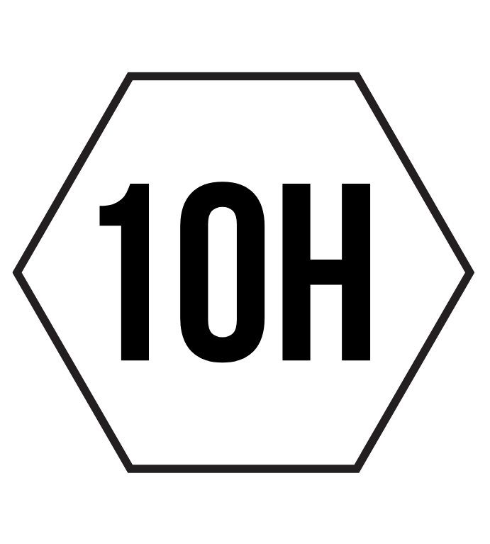 Hexagonal black-outlined sign with bold black “10H” text on a white background.