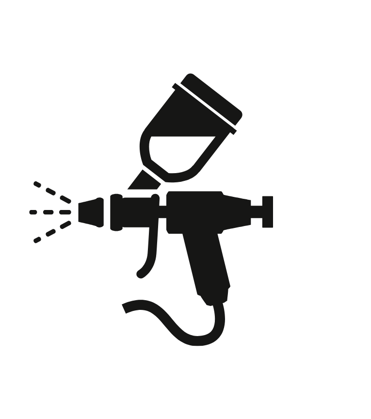 Black silhouette of a spray paint gun spraying droplets, isolated on a white background
