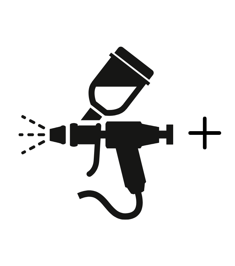 Black spray gun icon with a paint cup and a plus sign on a white background
