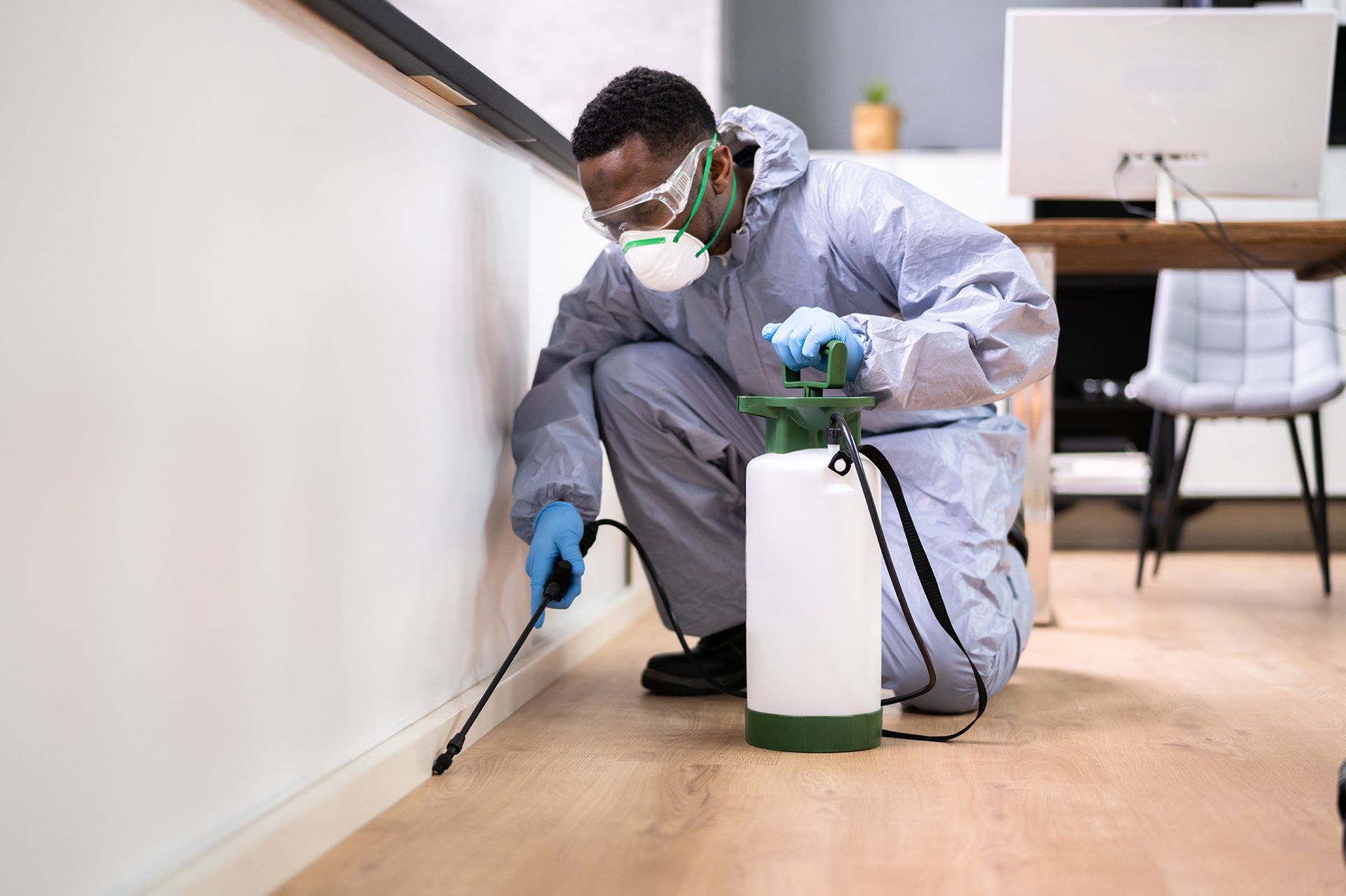 Pest control technician inspecting sofa with a flashlight.