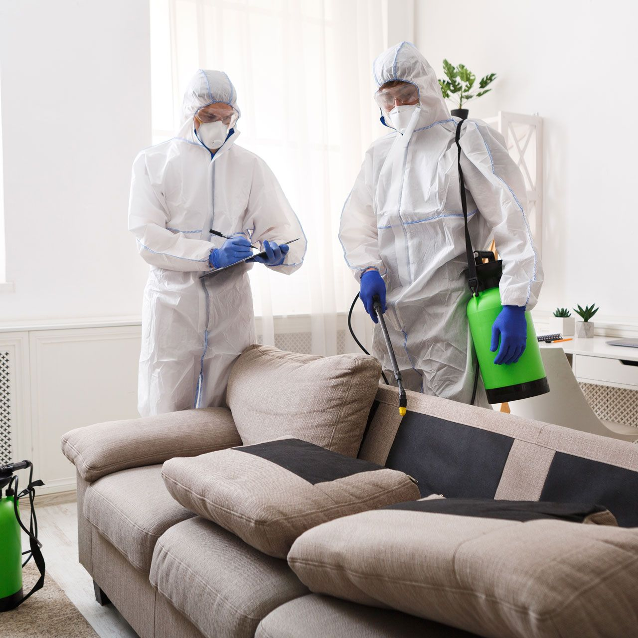 Pest control technician inspecting sofa with a flashlight.