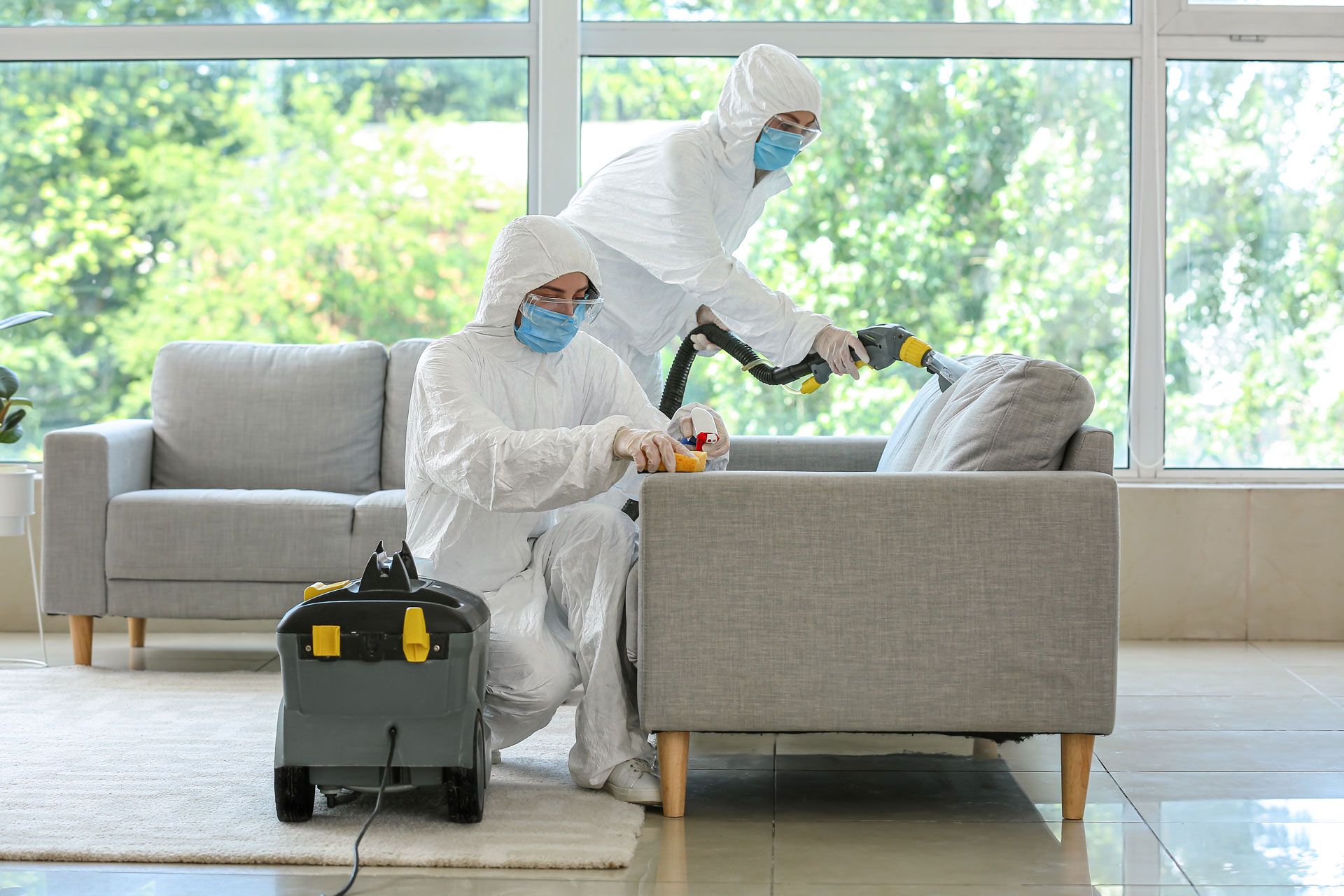 Two workers in protective suits disinfecting a beige sofa in a bright living room