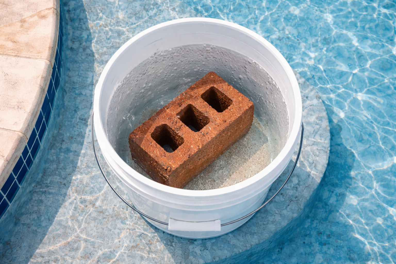 Brick submerged in a white bucket filled with water, in a swimming pool.