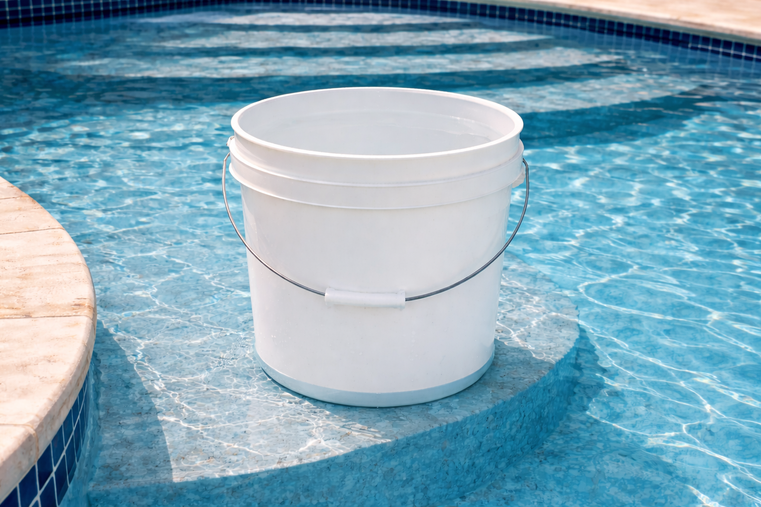 A white bucket sits on the ledge of a pool