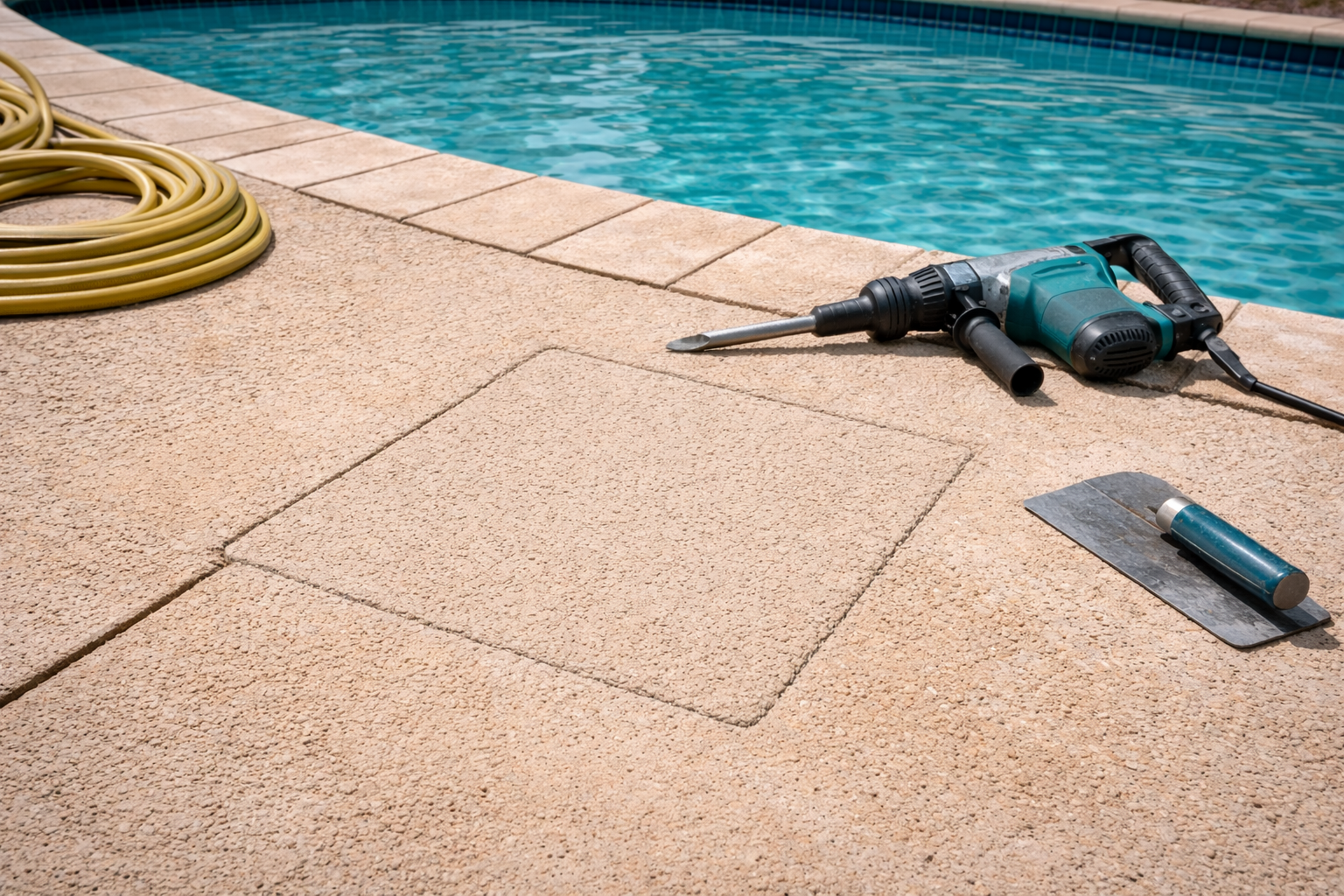 Poolside repair with jackhammer and trowel. A square cutout in the textured surface. A coil of hose is nearby.