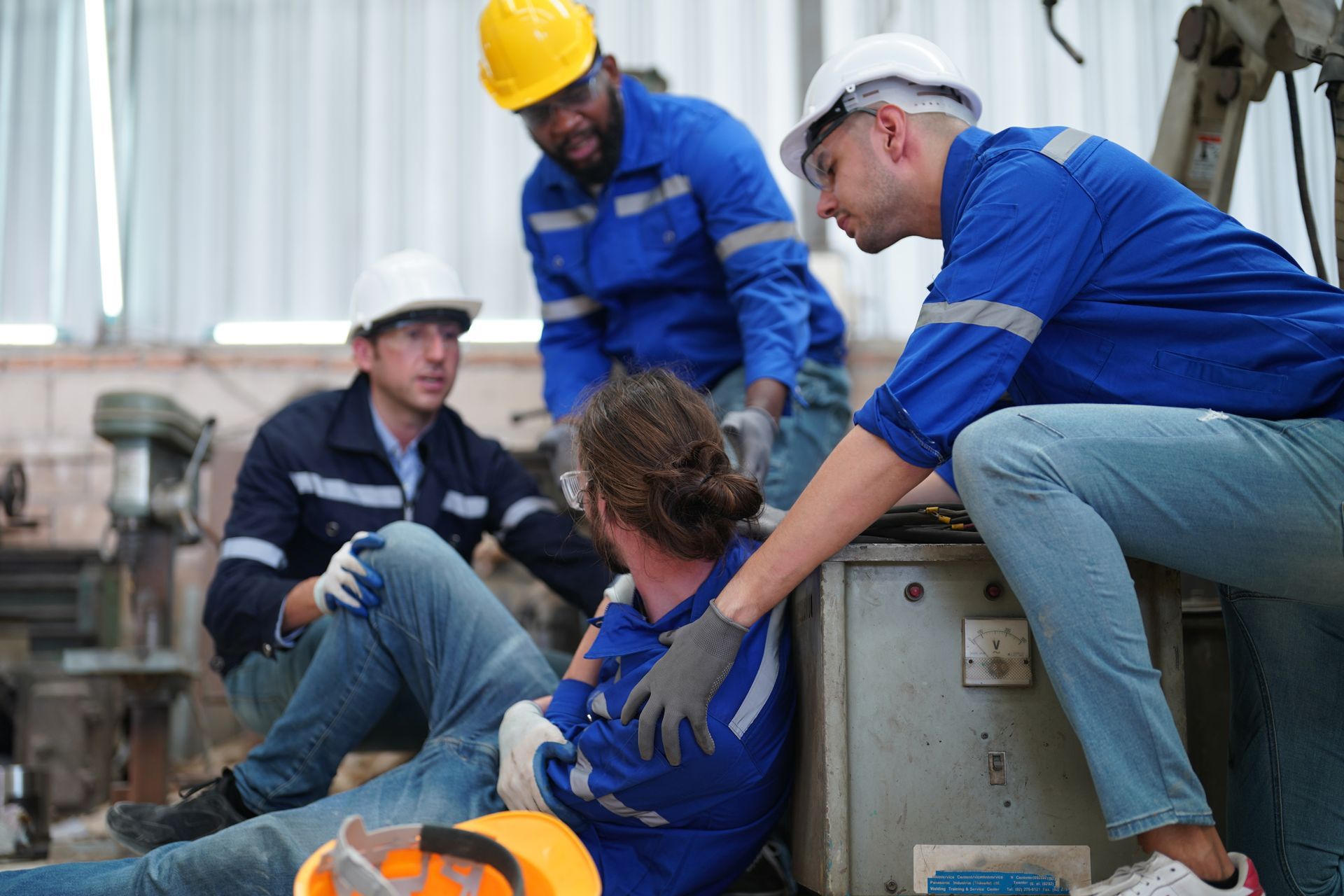 A group of construction workers are helping a man who has fallen on the floor.