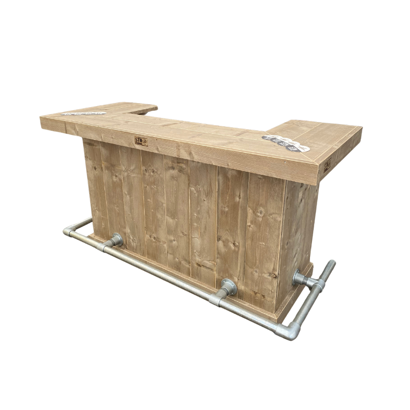 Houten buitenbar met voetensteun.