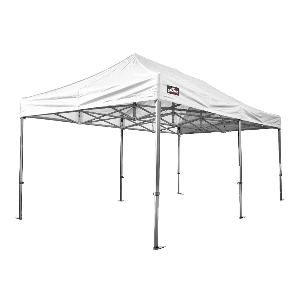 Een witte tent met metalen palen op een witte achtergrond.