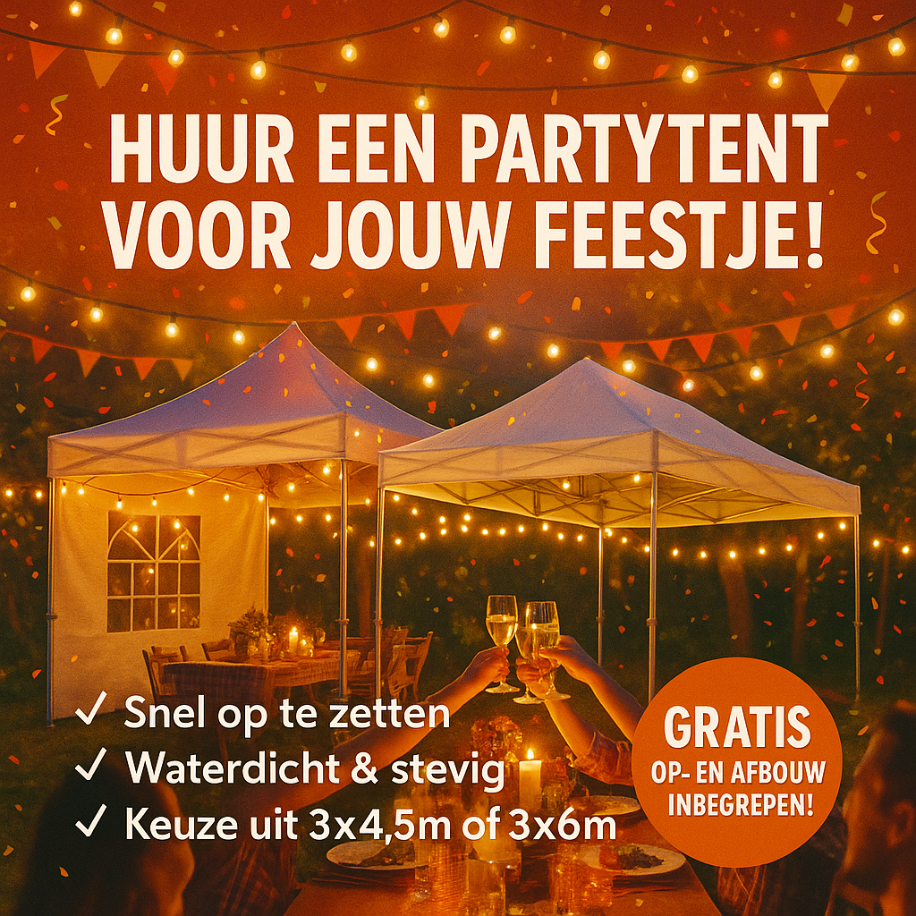 Advertentie voor het huren van een partytent. Witte tenten verlicht met lichtslingers. Tekst: 