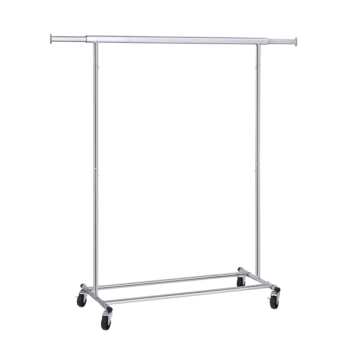 Kledingrek van chroom op wielen.