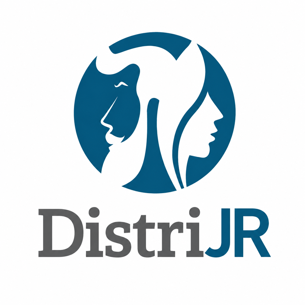 Logotipo de DistriJR con caras azules estilizadas y texto gris azulado.