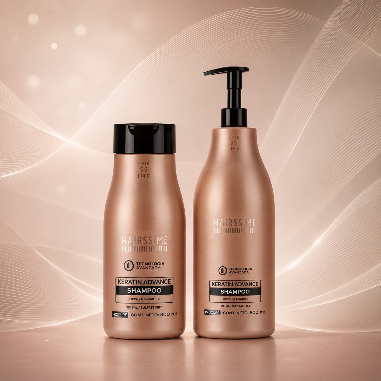 Dos frascos de champú color oro rosa sobre un fondo beige suave, uno de ellos con dispensador de bomba.