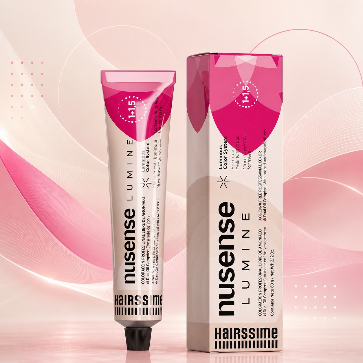 Dos tubos de cosméticos rosas sobre un fondo abstracto rosa suave, con la etiqueta Hairsime Luminous.