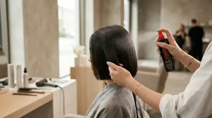 Una peluquera rocía con spray el cabello oscuro de una clienta en un salón de belleza mientras lo peina con un peine.
