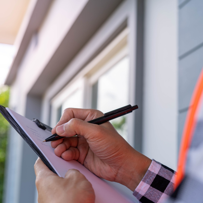Person writing on a clipboard outdoors near a house, likely an inspector.