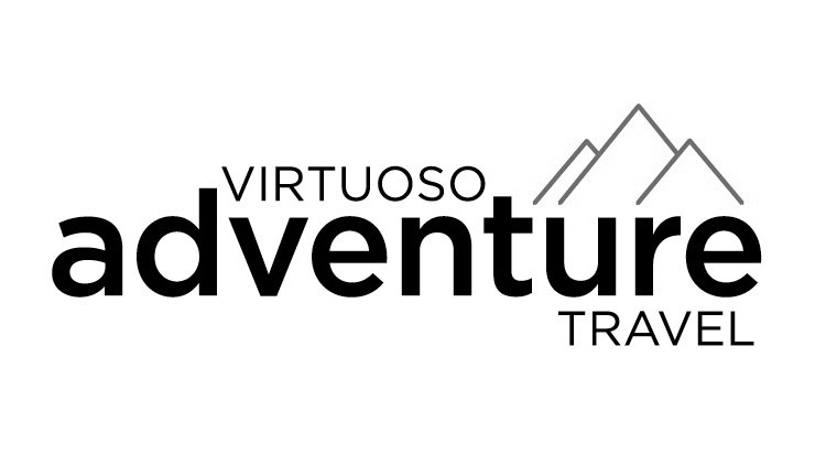 The logo for virtuoso adventure travel is black and white with a mountain in the background.