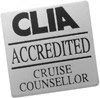 A clia accredited cruise counselor badge on a white background.