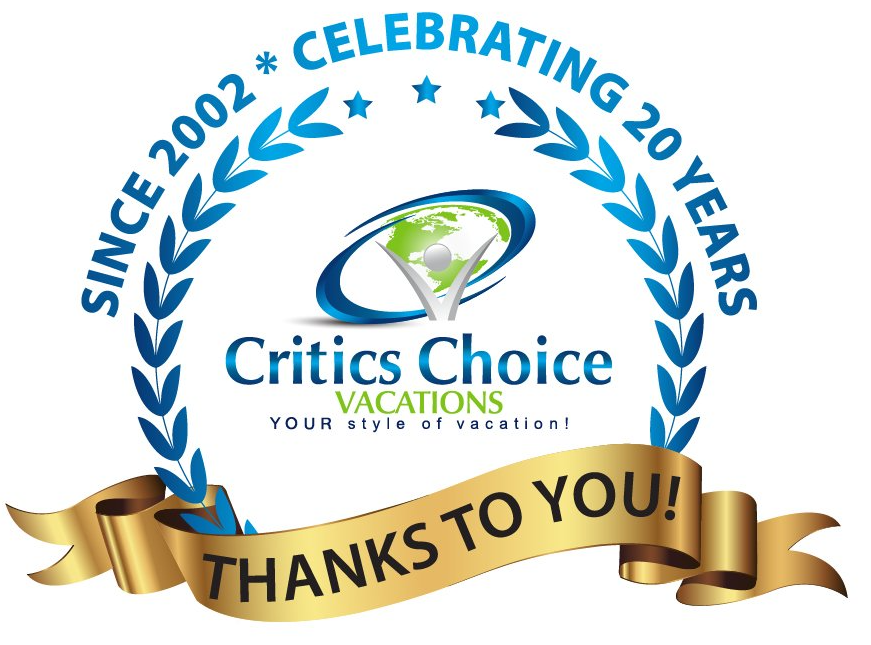 A logo for critics choice vacations celebrating 20 years