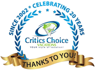 A logo for critics choice vacations celebrating 20 years