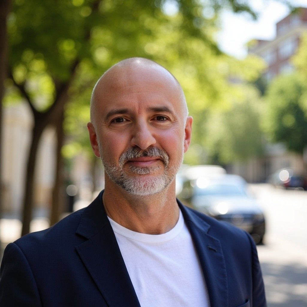 A bald man with a beard is wearing a white shirt