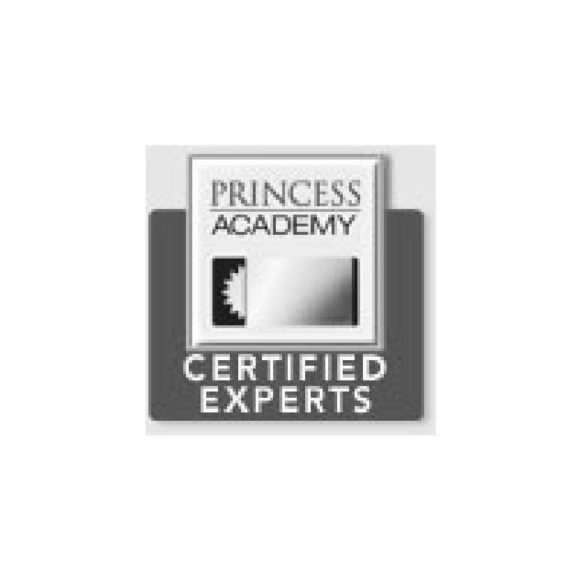 The logo for princess academy certified experts is black and white.