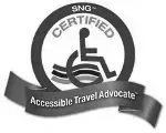 A black and white logo for a certified accessible travel advocate.