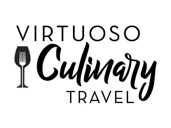 A logo for virtuoso culinary travel with a wine glass and fork.