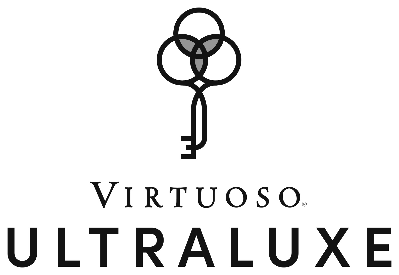 A black and white logo for virtuoso ultraluxe with a key in the middle.