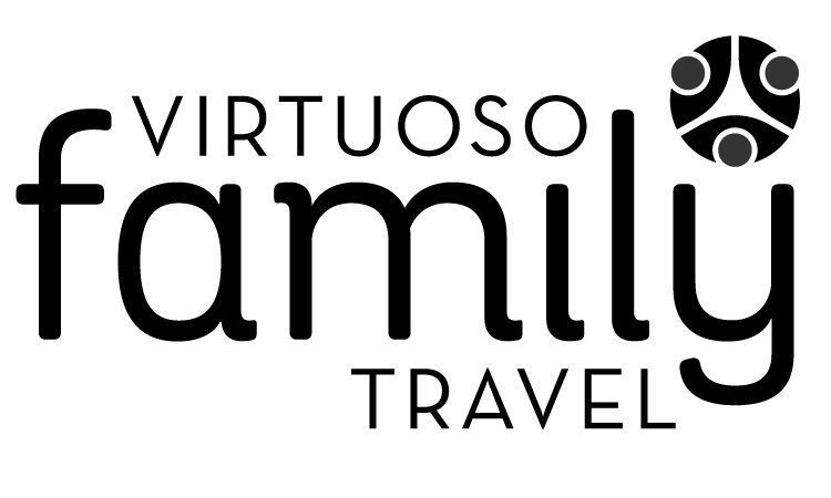 The logo for virtuoso family travel is black and white.