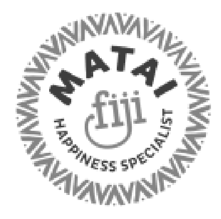 A black and white logo for mata fiji happiness specialist