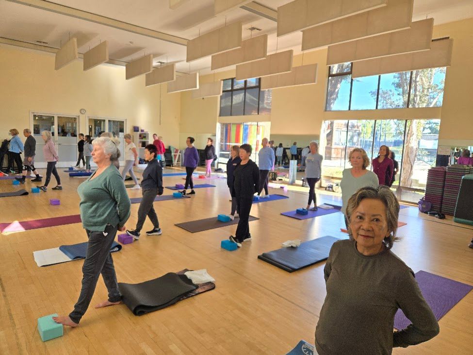 People exercising on mats in a bright indoor studio with large windows and wooden floors