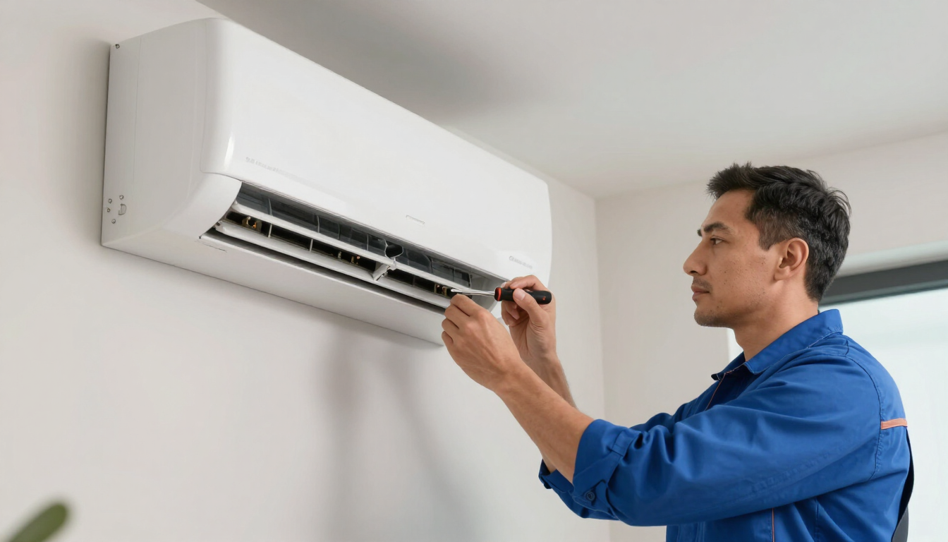 Técnico inspeccionando un aire acondicionado de pared en una habitación blanca.