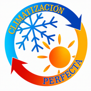 Logotipo con copo de nieve azul y sol naranja dentro de flechas circulares rojas y azules, texto “CLIMATIZACIÓN PERFECTA”