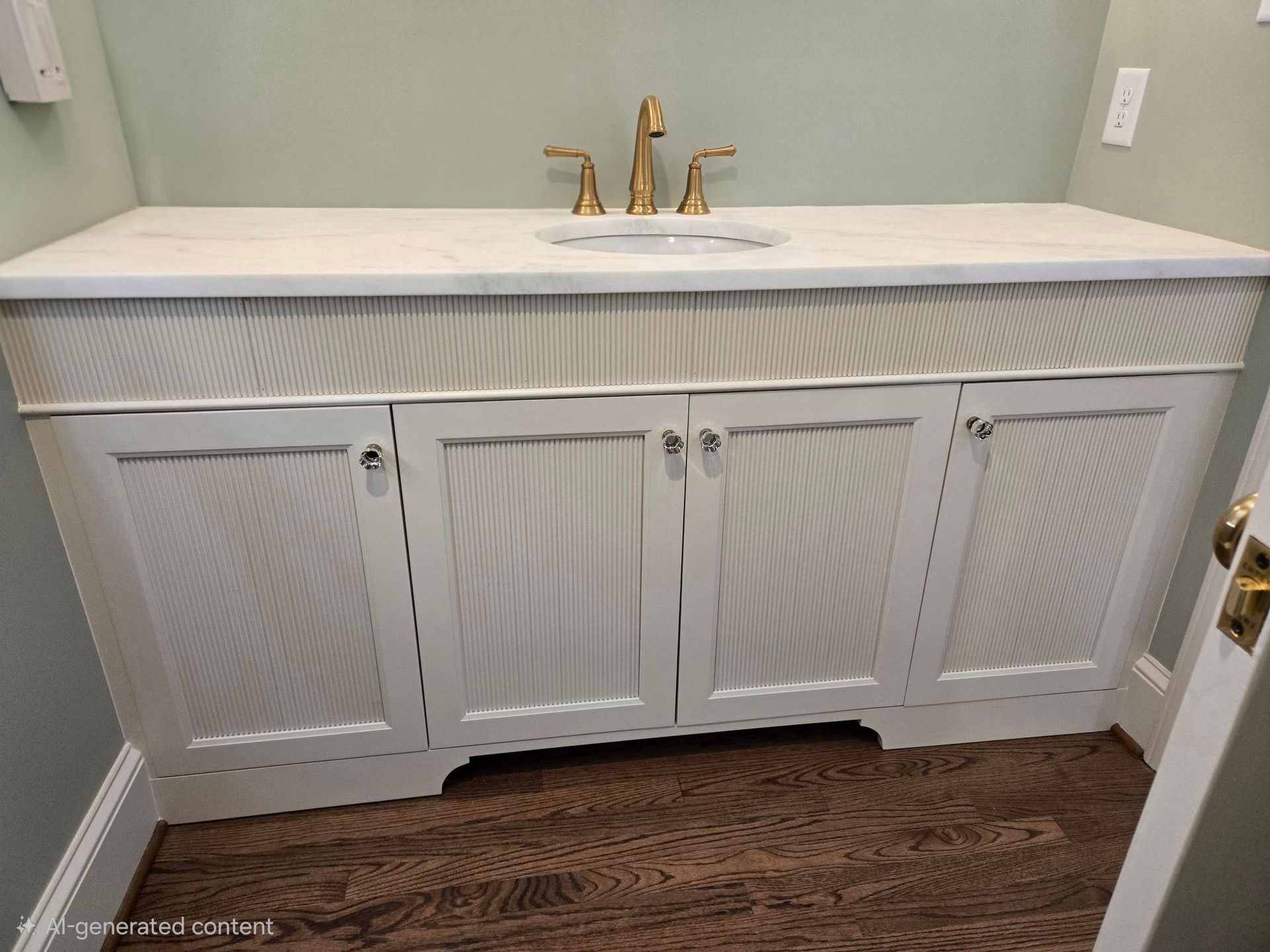 White bathroom vanity with double doors and gold faucet beneath a marble countertop.