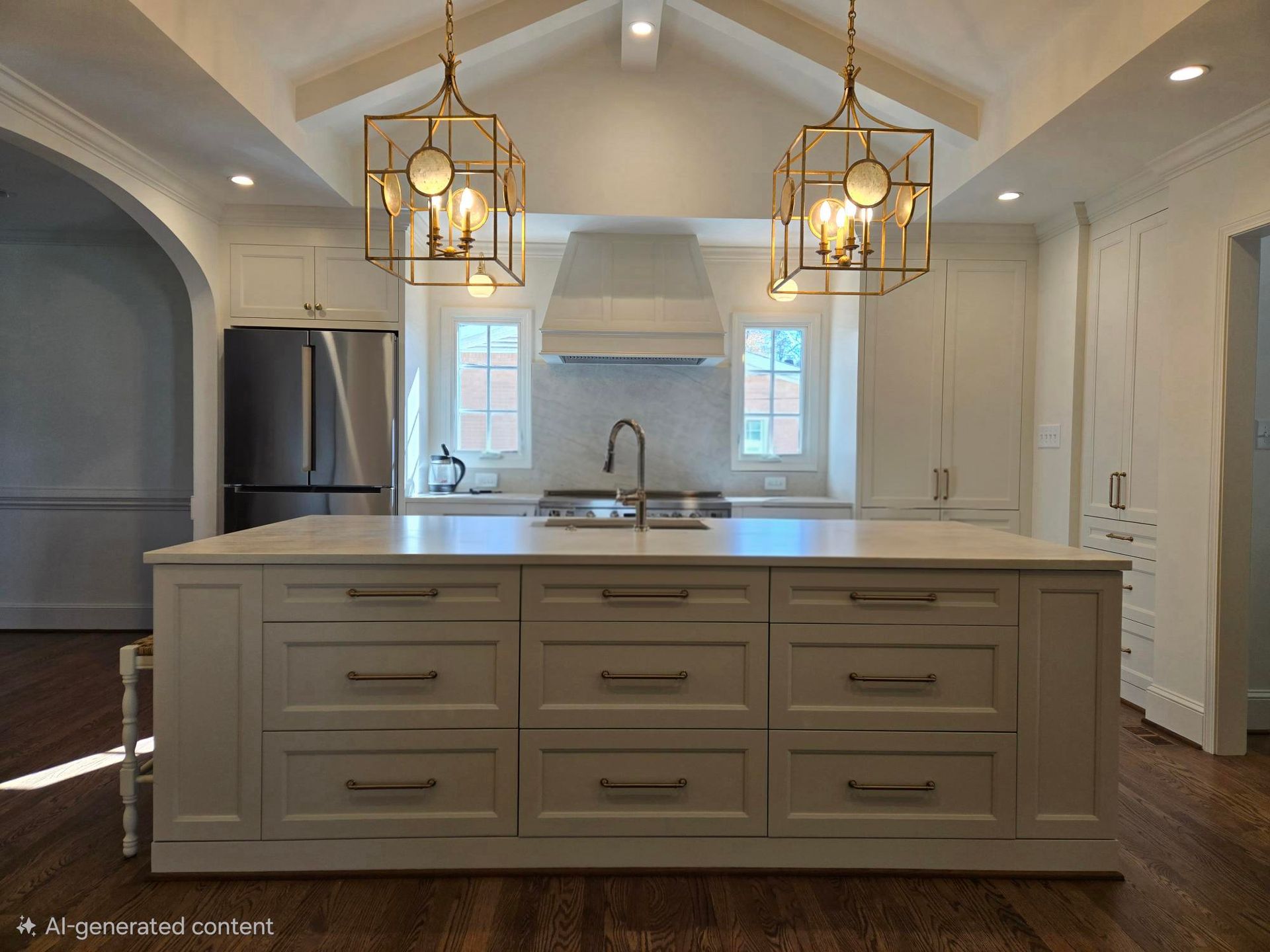 Bright kitchen with large island, pendant lights, stainless fridge, and white cabinets