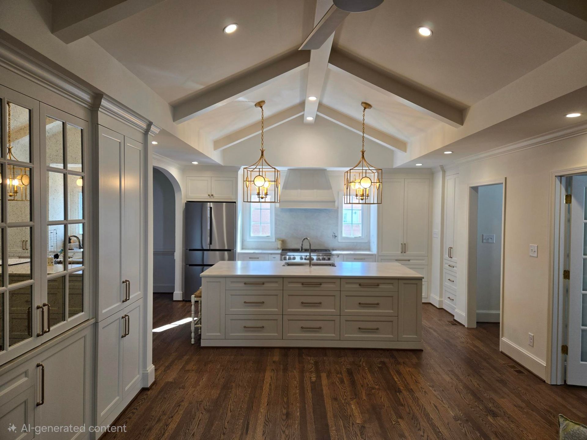 Bright modern kitchen with island, pendant lights, white cabinets, and hardwood floors
