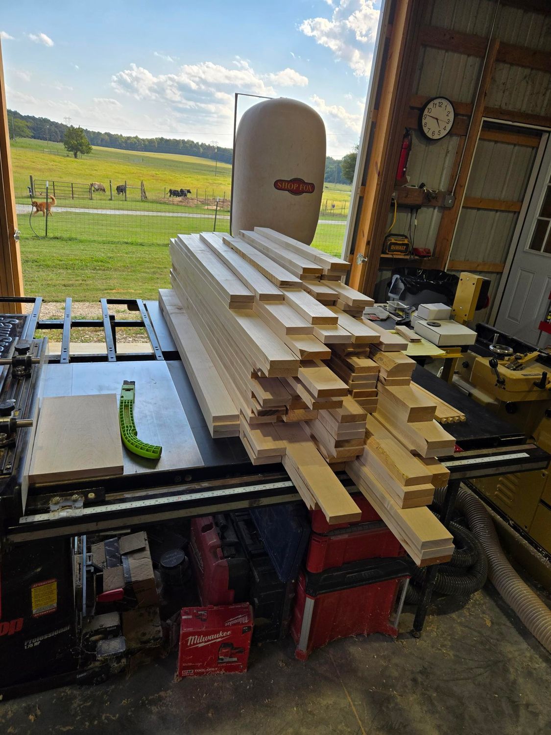 Stacked lumber boards in a workshop by an open door overlooking a grassy field.
