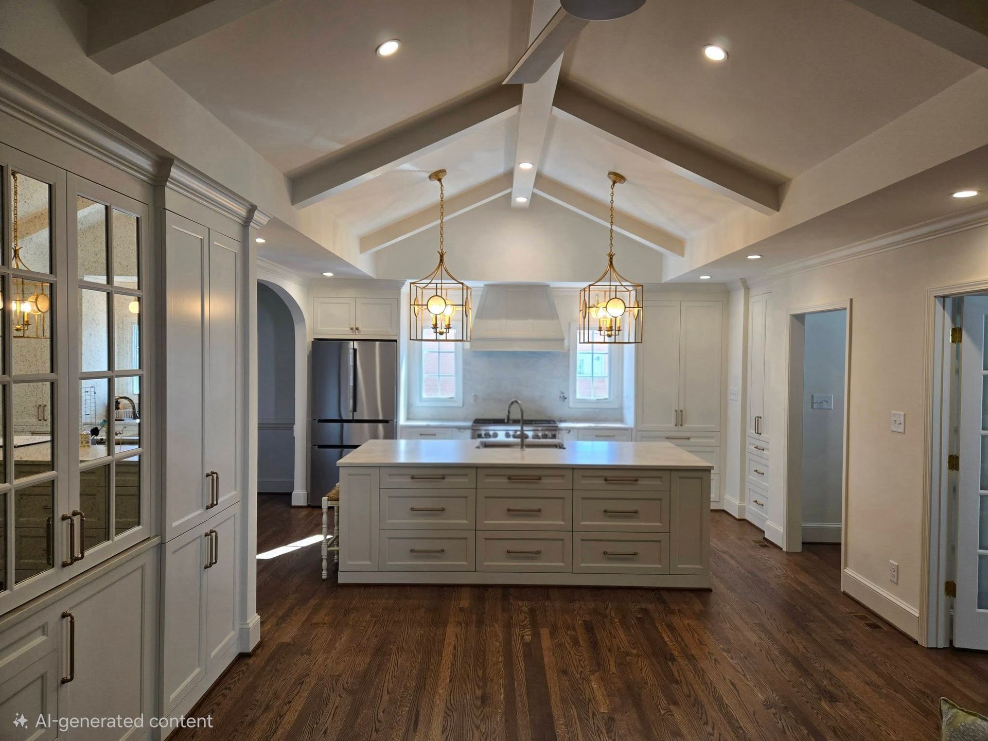 Spacious modern kitchen with island, pendant lights, white cabinets, and wood floors