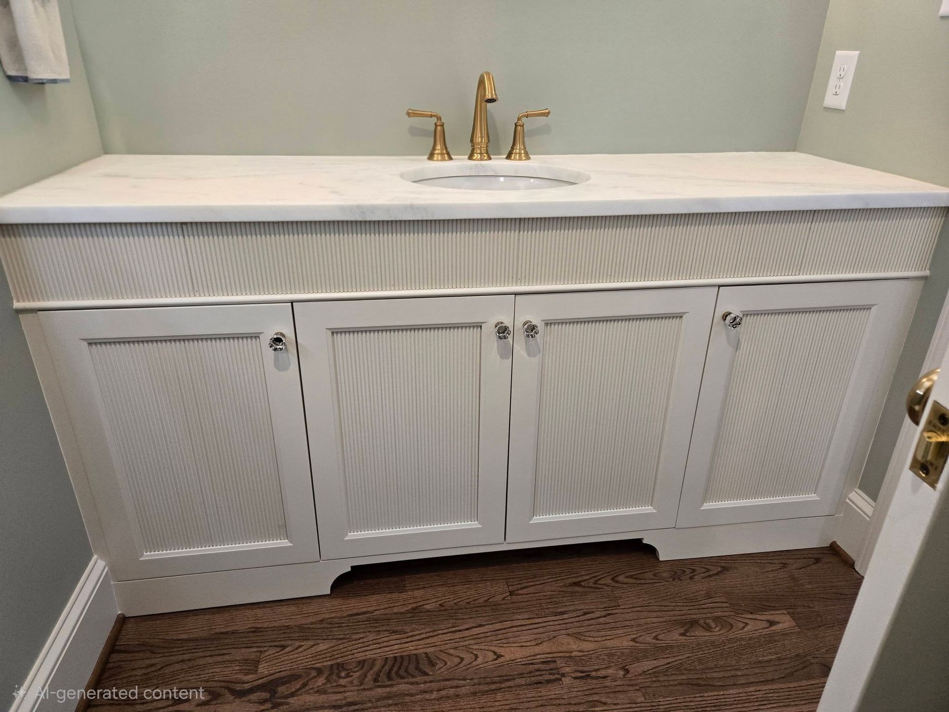White bathroom vanity with double sink, gold faucets, and paneled cabinet doors beneath a marble countertop