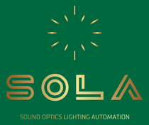 Gold logo on green background: 